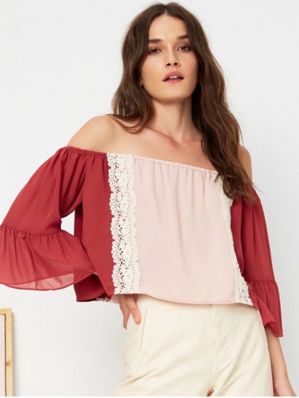 NWT Tularosa Off-Shoulder Two-Tone Lace Trim Top in Dusty Rose/ Alexa top